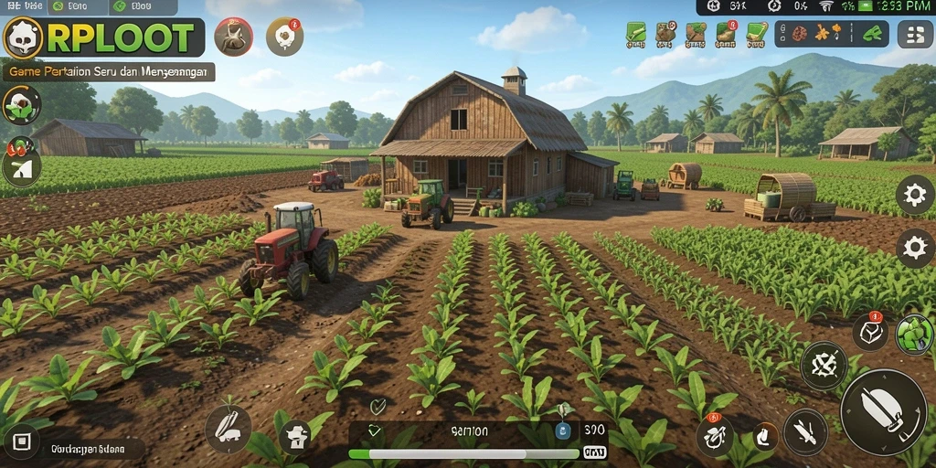 Tangkapan layar utama RPLOOT menampilkan petani yang sedang bekerja di ladang yang subur.